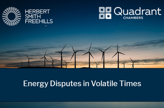 Energy Disputes in Volatile Times  text on a blue background and picture of a windfarm