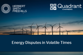 Energy Disputes in Volatile Times  text on a blue background and picture of a windfarm