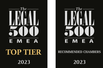 Legal 500 EMEA badges, text on a black background for top tier set and recommended chambers